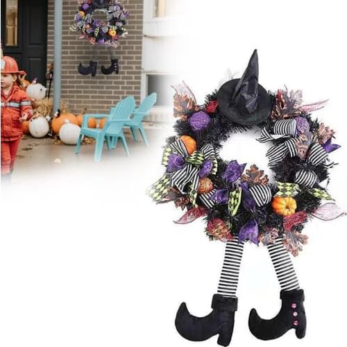 1 X Witch Hat Pumpkin Leaves Foam Balls Halloween Wreath Front Door Hanging Decoration Party Gift Home Porch Yard Decor Supplies