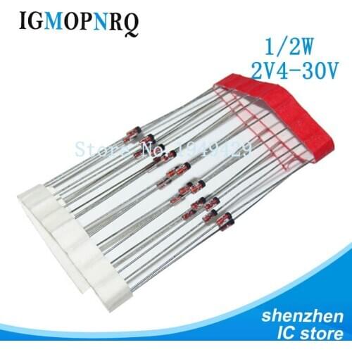 100PCS 0.5W BZX55C2V4 3V3 3V6 4V7 5V1 5V6 6V2 6V8 7V5 8V2 9V1 10V 12V 13V 15V 16V 18V 20V 24V 30V 1/2W DO-35 Diode Zener 500mW