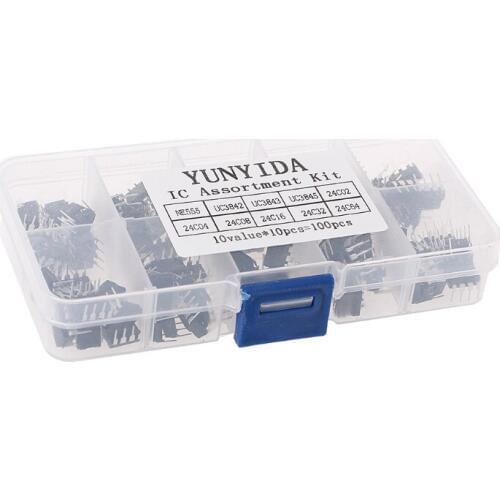 100Pcs DIP IC Kit NE555 UC3842 UC3843 UC3845 24C02 24C04 24C08 24C16 24C32 24C64 Q6PA