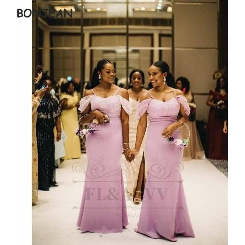2021 African Straps Bridesmaid Dresses Long Elastic Satin Cap Sleeves Black Girls Bridesmaid Dress Mermaid Wedding Party Gowns