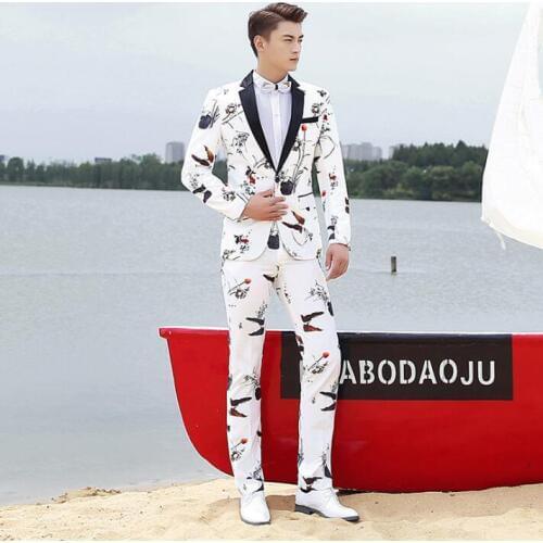 Blazer men groom suit set with pants mens wedding suits costume singer star style dance stage clothing formal dress white
