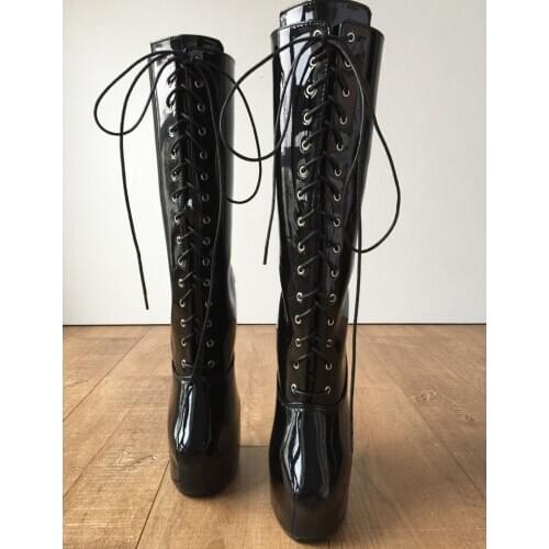 Black Heelless Hoof Boots Big Size Unisex Round Toe Wedge Boots Sexy Lace Up Shoes Custom Wide Fit Heels For Women Shoes