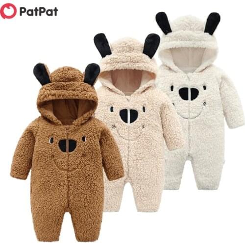 PatPat Winter Baby 3D Ears Design Solid Hooded Long-sleeve Jumpsuit