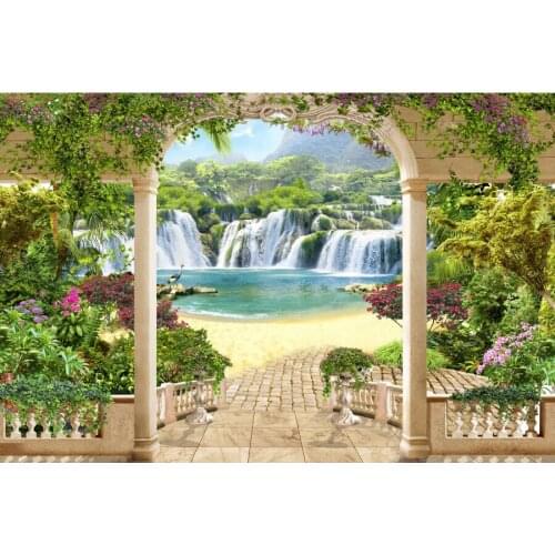 Waterfall Lake Palace Garden Scene Photography Backgrounds Customized Baby Portrait Photographic Backdrops For Home Photo Studio