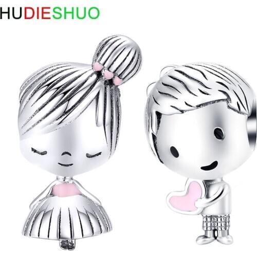 HUDIESHUO Romantic Boy and Girl Charm for Original Silver925 Bracelet Genuine SilverMetal Beads Valentine Gifts