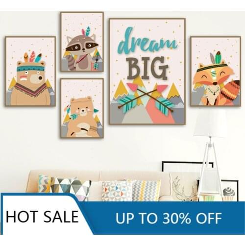 Kawaii Animals Fox Lion Deer Owl Bear Wall Art Canvas Painting Nordic Posters Prints Nursery Pictures Kids Room Decoration