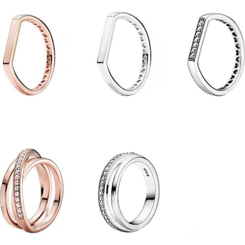 2020 Fall High Quality S925 Signature Triple Band Pave Bar Stacking Rose Crossover Over Ring Fashion Birthday Gift
