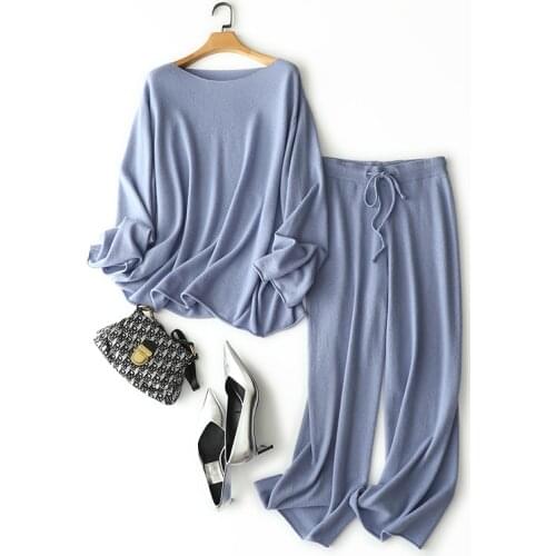 Autumn winter loose 100% cashmere 2 piece set casual tops high waist wide leg pants solid color knitwear ladies soft natural