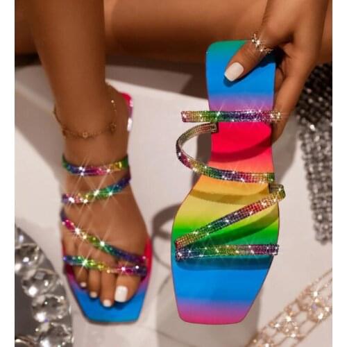 Nice Summer Explosion Models Rhinestone Rainbow Women Sandals Beautiful Female Slippers Outdoor Beach Shoes Vogue Flat Shoes