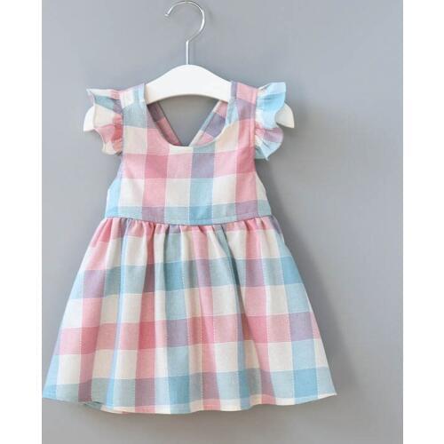 Summer 2019 Fashion Toddler Girls Dress Sleeveless Backless Cotton Plaid Bow A Line V Neck Dress Children Dresses Girls Clothes