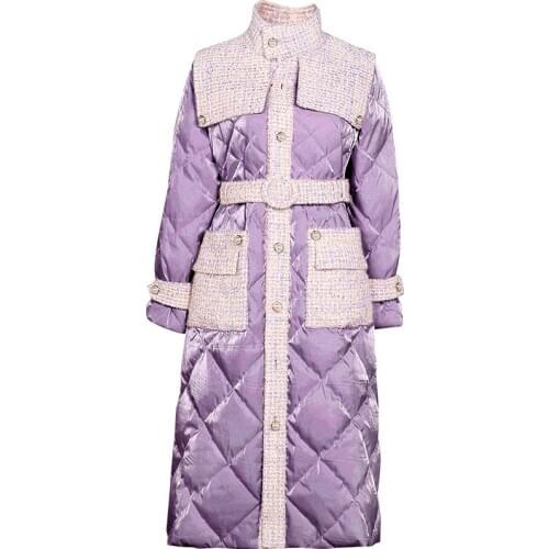 New arrival Winter new elegant bright face down coat women stitching tweed lace-up long white duck down jacket