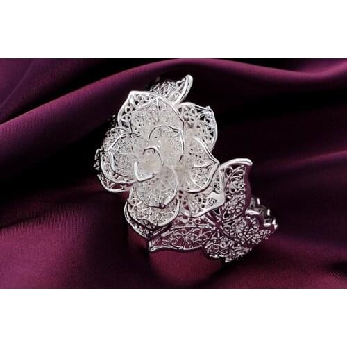 New Holiday gifts Hot fine big flower wide bangle 925 Sterling Silver cuff Bracelets for Women Fashion wedding Party Jewelry
