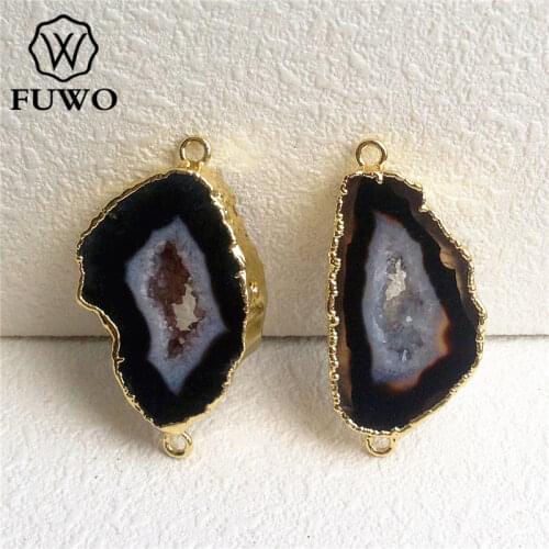FUWO Natural Black Geode Slice Connector Pendant 24K Electroplated High Quality Double Loops Crystal Quartz Jewelry Making PD107