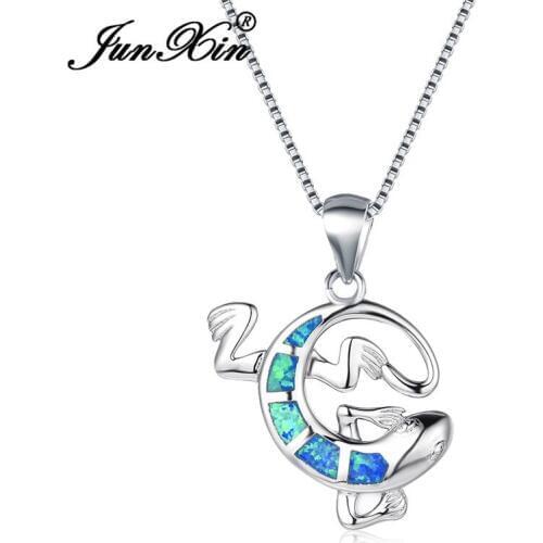 JUNXIN White Gold Filled Gecko Pendant Blue Fire Opal Necklaces For Women Men Rainbow Birthstone Wedding Clavicle Necklace