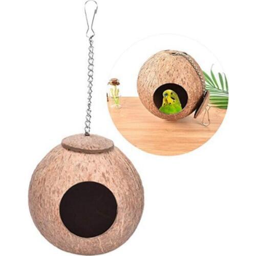 Parrot Hanging Hammock Coconut Shells Bird Nest Swing Toy Budgie Cockatiel Bed Cave Cage Pet Toy with Hanging Lanyard Parakeet