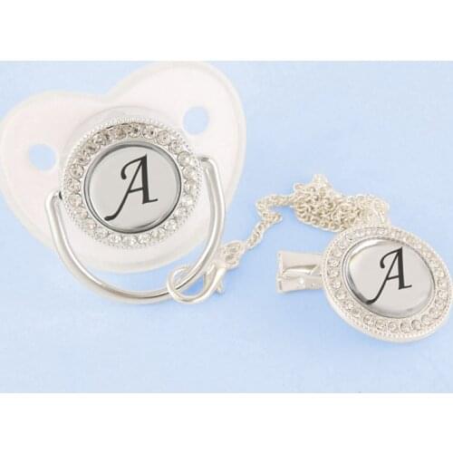 0-12 Months Luxury White Baby Pacifier Rhinestone Pearl Crystal Orthodontic Nipple Bling 26 Name Initials Silicone Soother Dummy