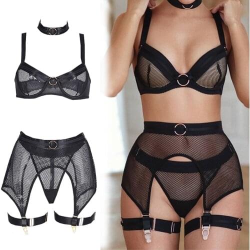 3PCS Womens Lingerie Set Black Red Sensual Lace Underwear Punk Style Stripes Transparent Mujer Playsuit Wholesale