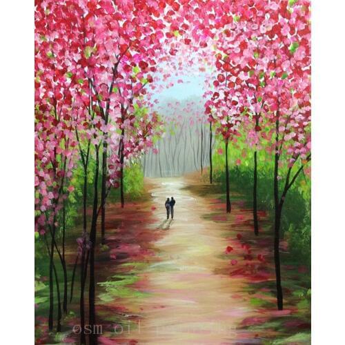 Hand Painted Modern Art Landscape Paint a Couple Walk in Pink Flower Tree Forest Road Wall Artwork Knife Oil Painting on Canvas