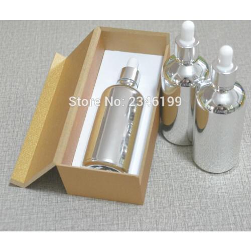 50ML 100ML Silver Glass Bottle with Glass Pipette Dropper Silver Cosmetic Essential oil Bottles Wooden Packing Box, 10 pcs/Lot
