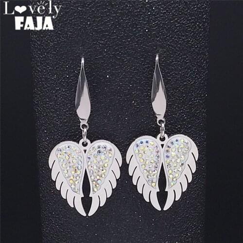 Wing Black Crystal Stainless Steel Drop Earings Women Silver Color Earrings Jewelry pendientes acero inoxidable mujer E9205S04