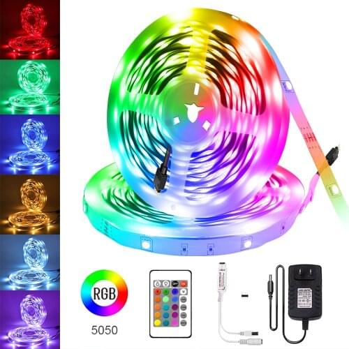 DC 12V RGB LED Strip Set SMD 5050 EU AU US UK Plug +Remote Set Flexible Tape Ribbon Light Lamp 5m 10m 15m