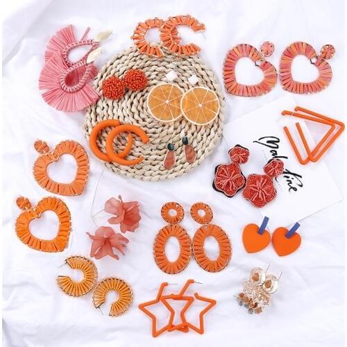 Lifefontier Korean Orange Geometric Statement Long Earrings Unique Acrylic Resin Heart Raffia Weave Women Dangle Drop Earrings