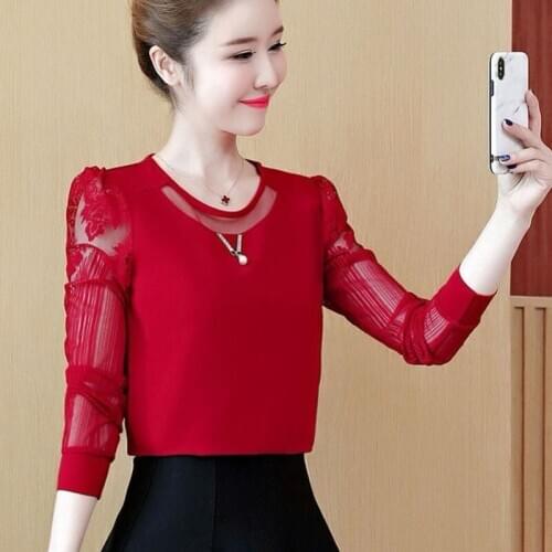 Women Spring Autumn Style Chiffon Lace Blouses Shirts Lady Casual Hollow out long Sleeve Blusas Tops ZZ0740