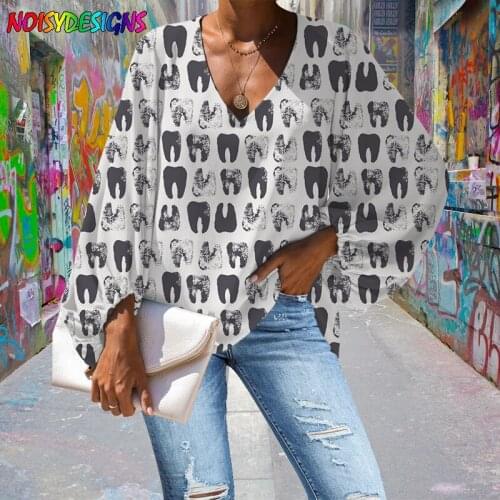 NOISYDESIGNS Cartoon Dentist Women Loose Tops Breathable Blouses Tooth Pattern Ladies Soft Chiffon Lantern Sleeved V Neck Shirt