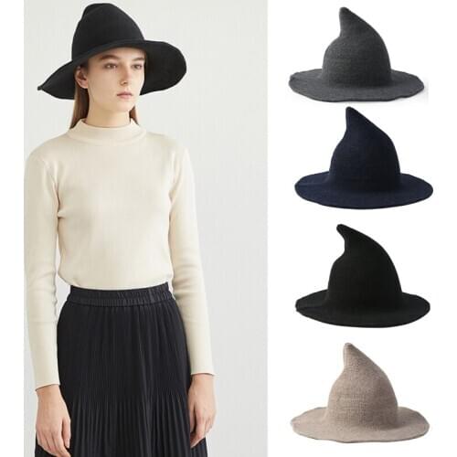 Women Winter Faux Wool Knitted Halloween Witch Hat Solid Wide Brim Bucket Cap
