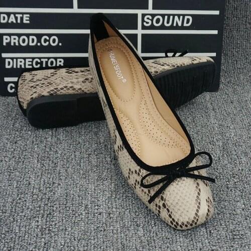 New Womens Snake Print Flat Square Toe Flats Large Size Comfortable Soft-Soled Ballet Shoes Fashion Bow Casual Shoes