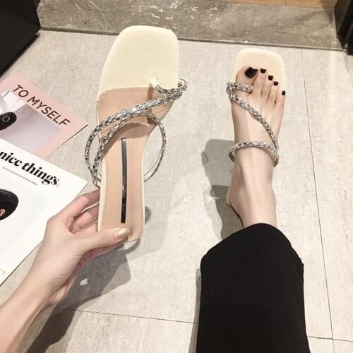 Sweet Rhinestone Flat Crystal Heel Ladies Slippers Summer Casual Fashion Square Toe Beach Shoes For Outer Wear