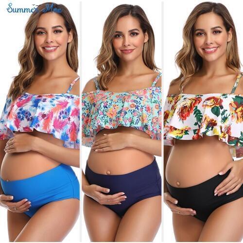 Womens Maternity Bikini Flounce Printed High Waisted Two Piece Swimsuit