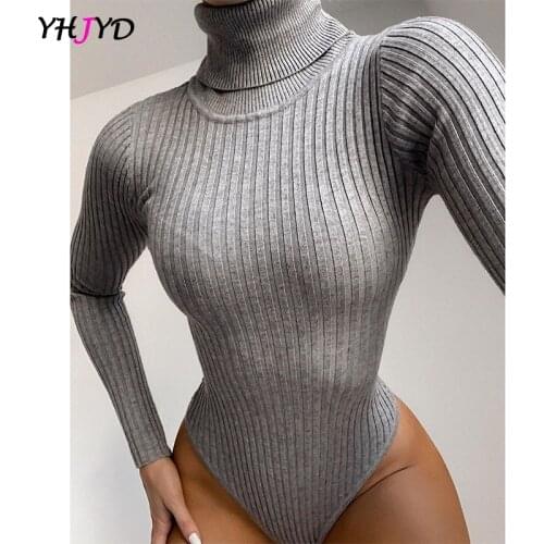 Long Sleeve Womens Turtleneck Bodysuit Ribbed Knitted Skinny Body Suit Top for Women Gray Black 2021 New Autumn Winter Outfits