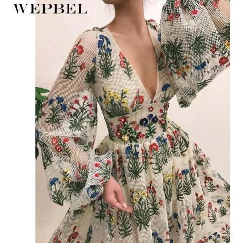 WEPBEL Womens Boho Style Elegant Floral Embroidery Vacation Dress Ladies Elegant Long Lantern Sleeve V Neck High Waist Dress