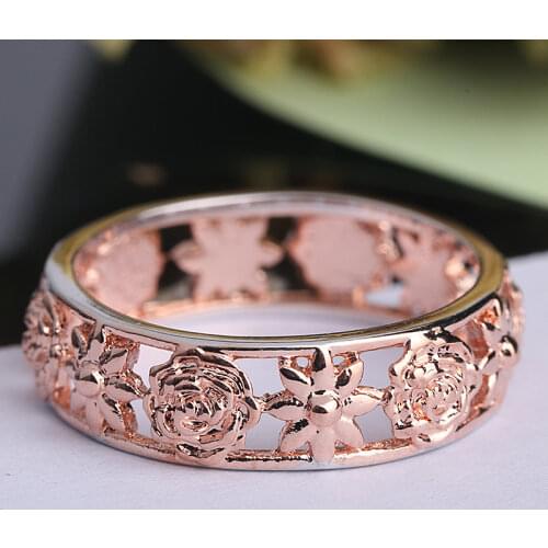 Retro ring Rose Flower Crystal Engagement Ring Bands Party rose gold color Fine Jewelry For Women new year Gift