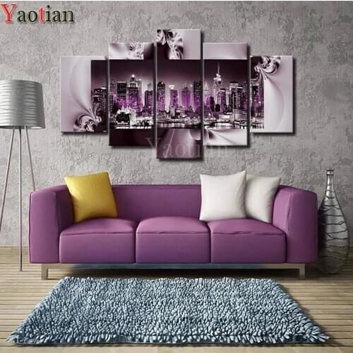 5D DIY Diamond Painting New York City Night Scenes Purple Light Full Round/Square Rhinestone Embroidery Cross Stitch Kits 5 PCS