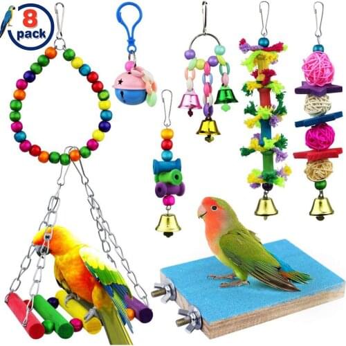 8pcs Parrot Toys Wood Birds Standing Chewing Rack Toys Bead Ball Heart Star Shape Parrot Toy Bird Toys Accessories Supplies Col