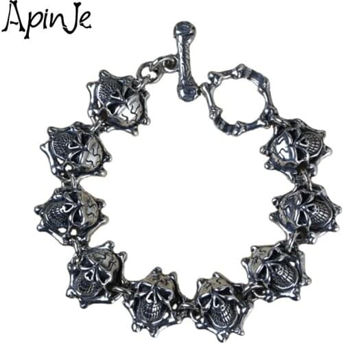 Apinje Thai Silver Hip Hop Jewelry Skull Bracelet Men 925 Sterling Silver Punk Bracelet Gothic Jewelry
