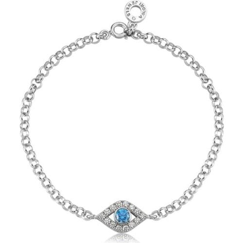Valori Jewels Showy Evil Eye, Zirconia White And Fancy Blue Gemstone, Rhodium Plated, Sterling Silver Bracelet
