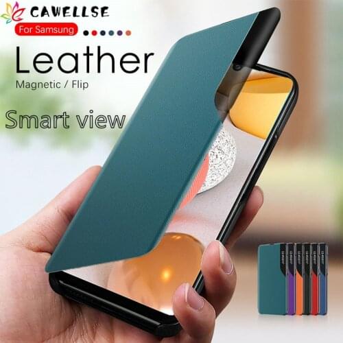 Smart View Case for Samsung Galaxy A82 A72 A52 A12 Note 20 S20 FE S21 Ultra A51 A71 S9 S8 Plus Genuine Leather Flip Phone Cover