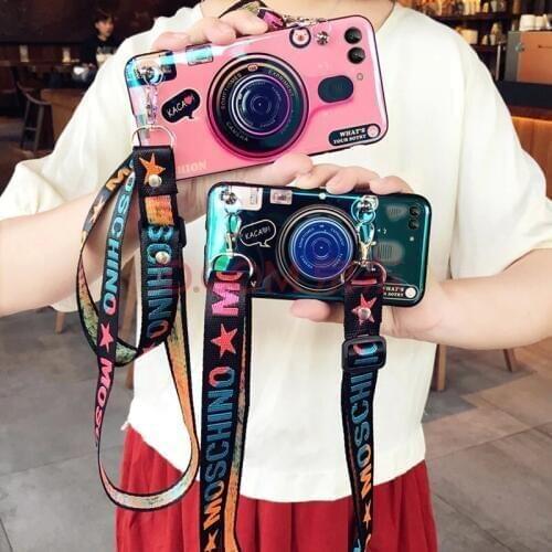 3D Camera Case for Huawei Honor 9x 8x V20 V30 P20 P30 P40 20 pro mate30 20 P Smart Z Soft TPU Cover Coque Lanyard stand holder