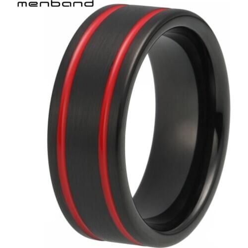 Black Men Ring Tungsten Engagement Ring With Red Groove and Brush Finish 8MM Comfort Fit