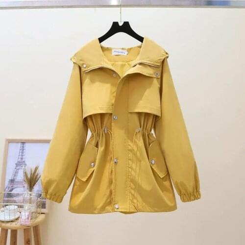 Spring Autumn Jackets New Korean Casual Windbreaker All-match Mid-length Loose Drawstring Waist Slimming Hooded Female Coat