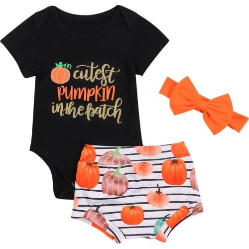 Wallarenear 0-24M Infant Baby Girls Halloween Clothes Set Letter Print Short Sleeve Bodysuit Pumpkin Print Shorts