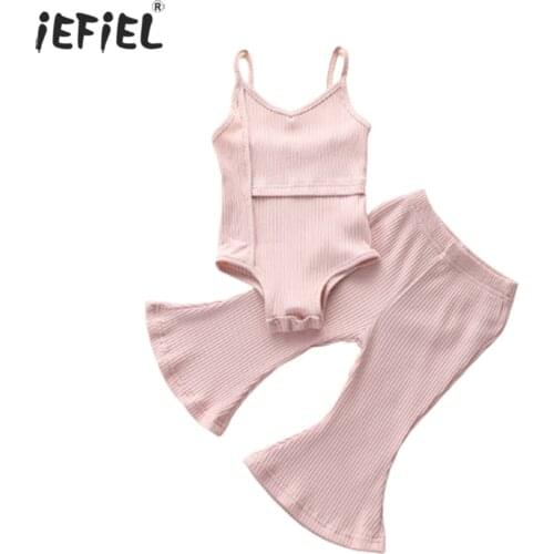 Infant Newborn Baby Toddler Girls 2Pcs Ribbed Knit Outfits Sleeveless Romper Tops + Long Flared Pants Bottoms Casual Outfits