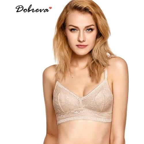 DOBREVA Womens Lace Bralette Wireless Longline Lightly Lined Bra