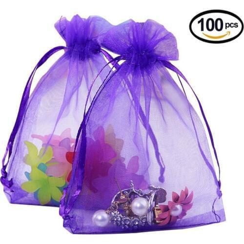 Purple 100pcs Organza Bag Jewelry Packaging Bags7x9 9x12 11x16 13x18CM Drawable Bags Gift Pouches Candy Bag For Communion Decor