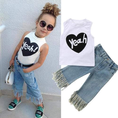 2Pcs Summer Kids Baby Girls Clothes Letter Printed Sleeveless Vest Top Tassel Denim Jeans Pants Outfits Set Kids Clothes 1-5Y