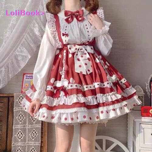 Lolibook Summer Sweet Girl Cute Woman JK Uniform Harajuku Maid Sling Dress Suit Japanese Cute Gothic Lolita Strawberry Dress Set