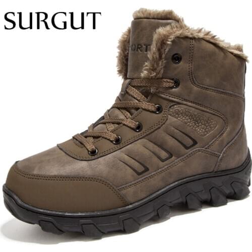 SURGUT Brand Winter Fur Supper Warm Snow Boots For Men Adult Male Shoes Non Slip Rubber Casual Work Safety Casual Ankle Boots